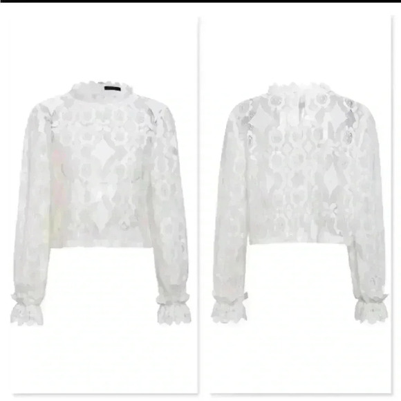 Restocking White Lace High Neck Long Sleeve Shirt - Picture 9 of 11